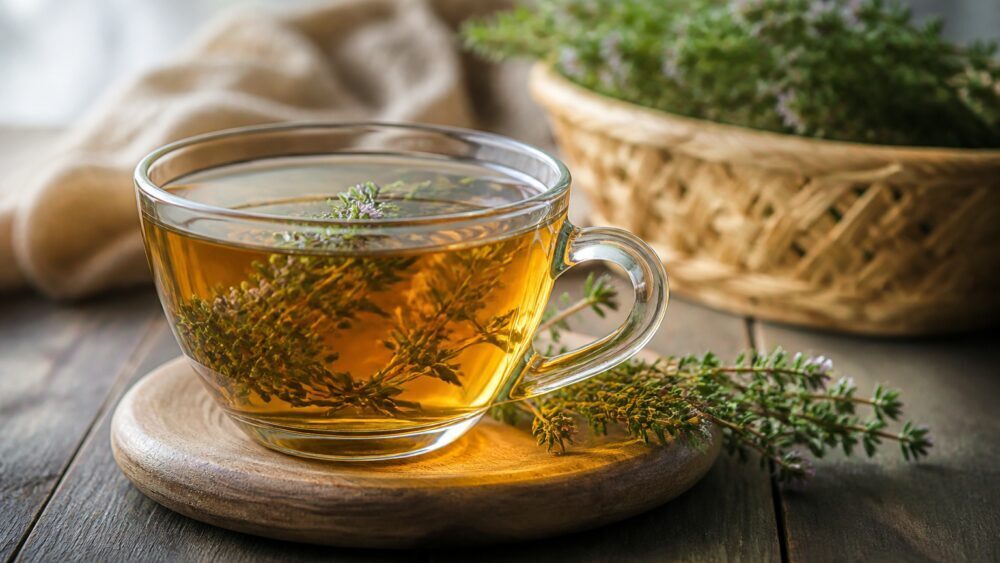 فنجان دمنوش آویشن کنار شاخه های خشک آویشن و نسخه پزشک روی میز