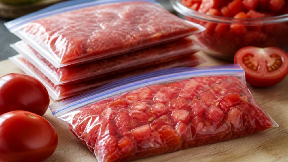 ظرف های کوچک درب دار حاوی گوجه فرنگی خردشده با فضای خالی و برچسب، آماده قرار گرفتن در فریزر
