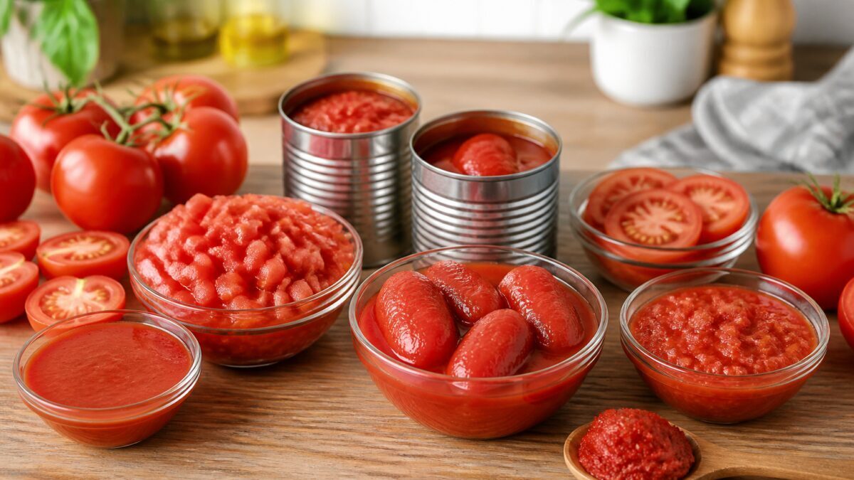 چیدمان گوجه‌فرنگی تازه، ورقه‌ای، خردشده، پوره و رب در ظروف سفید روی میز آشپزخانه