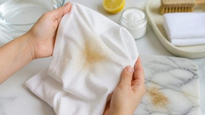 پیراهن سفید با لکه زرد عرق در ناحیه زیر بغل، کنار مواد شوینده و برس نرم روی میز روشن