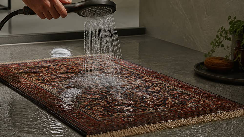 شستشوی یک پادری و قالیچه کوچک ایرانی در حمام با استفاده از سردوش دستی