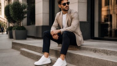 کتانی سفید مینیمال کنار شلوار پارچه‌ای و کت در فضای روشن شهری