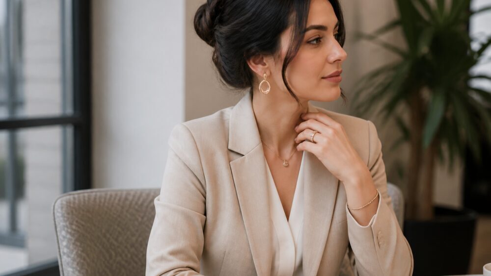 زنی با لباس شب مشکی و گوشواره های بلند کریستالی در فضایی رسمی