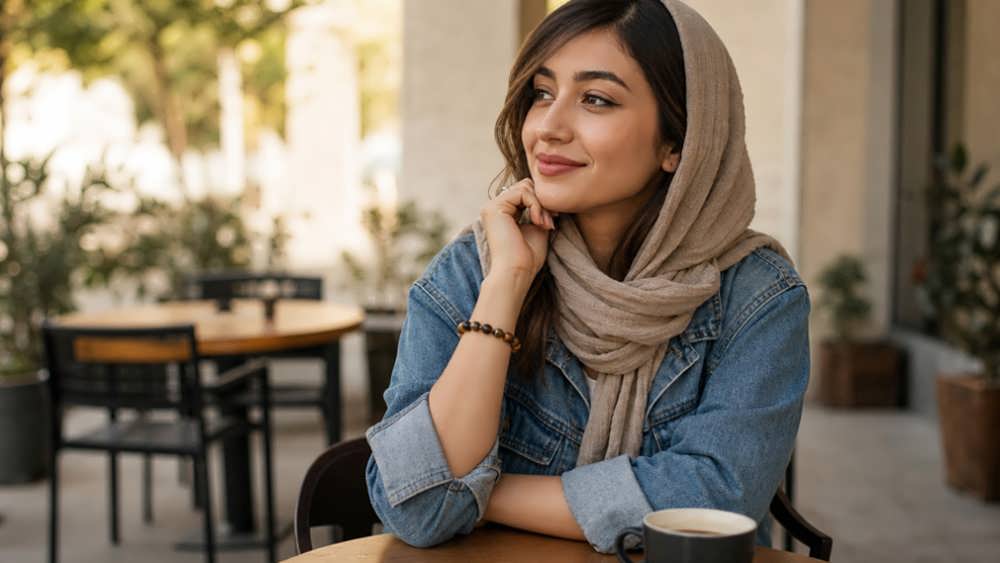 زن جوان با شال و کت جین در کافه که دستبند سنگ چشم ببر به دست دارد