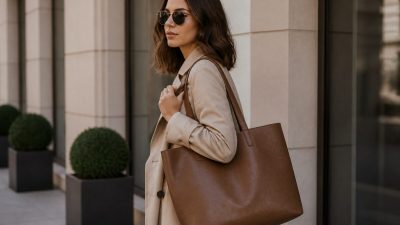 کیف چرمی بزرگ زنانه روی شانه مدل با استایل مینیمال در فضای شهری روشن