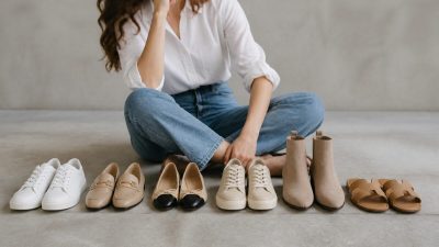 چیدمان شیک کفش‌های زنانه شامل کتانی سفید، لوفر، نیم‌بوت و صندل تخت روی کفپوش روشن
