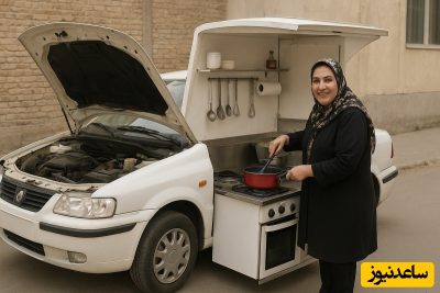 خلاقیت خانم خوش ذوق سبزواری برای تبدیل خودرو ال 90 به آشپزخانه سیار حماسه ‌آفرید، به کوچکترین فضا هم رحم نکرده / هنر نزد ایرانیان است و بس😂 امشب