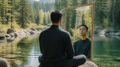مردی آرام در فضای روشن و مینیمال نشسته و با چشمان بسته مراقبه می‌کند