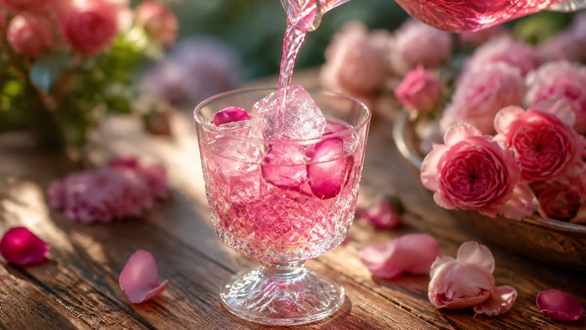 شربت گل محمدی خوش‌رنگ و طبیعی در یک لیوان کریستالی زیبا به همراه گلبرگ‌های تازه در کنار آن.