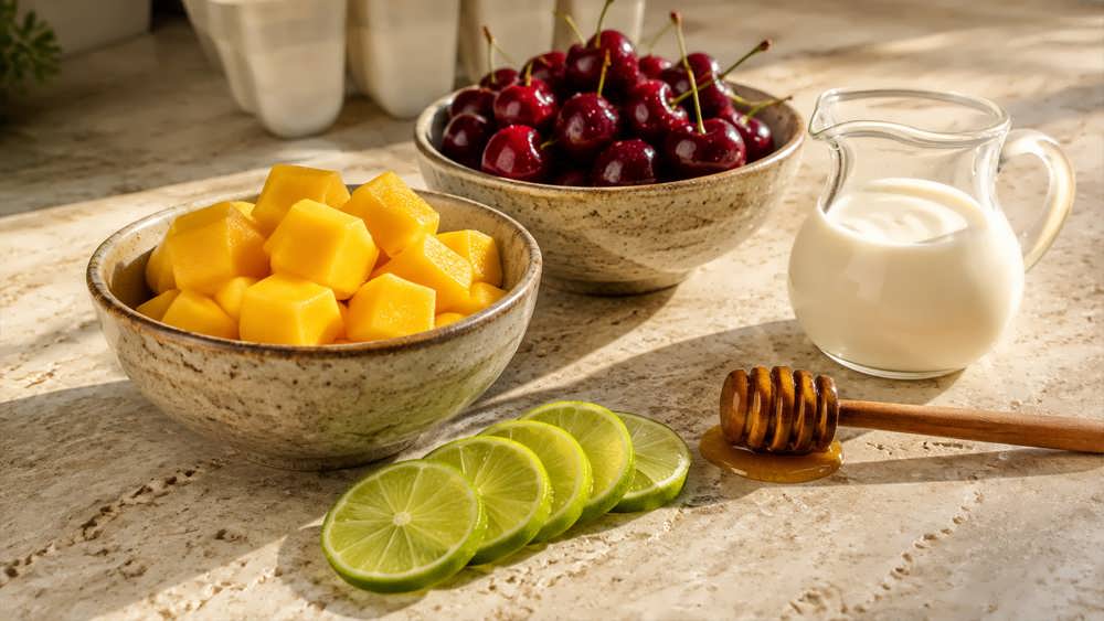 مواد اولیه تازه شامل برش های انبه رسیده، آلبالوی تازه، خامه و لیموترش روی میز چوبی مدرن