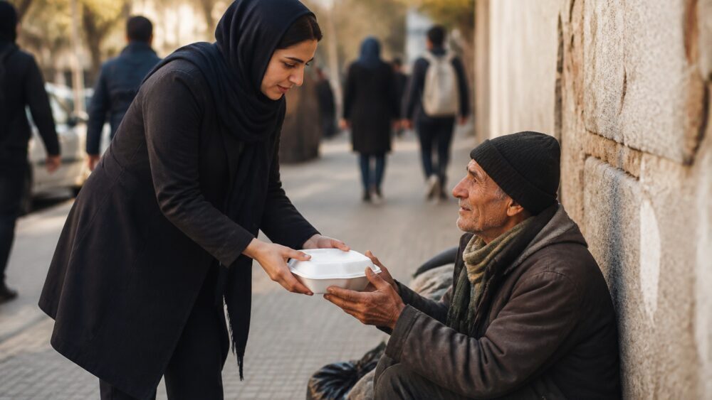 مردی جوان در خیابان شهری ایران با احترام به مردی سالخورده برای حمل کیسه های خرید کمک می کند