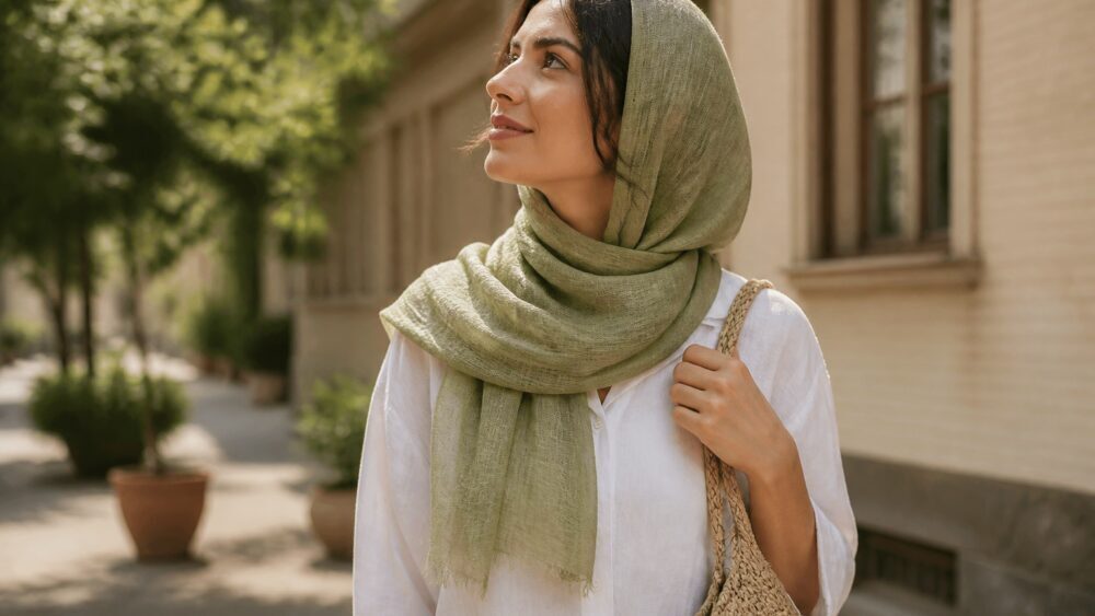 زنی با شال نخی سبک در فضای باز و گرم، مناسب پیاده روی و استفاده روزانه
