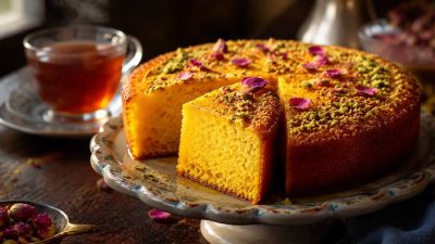 کیک اسفنجی زعفرانی و بهارنارنج کافه‌ای با بافت مخملی و تزیین خلال پسته روی پایه پذیرایی