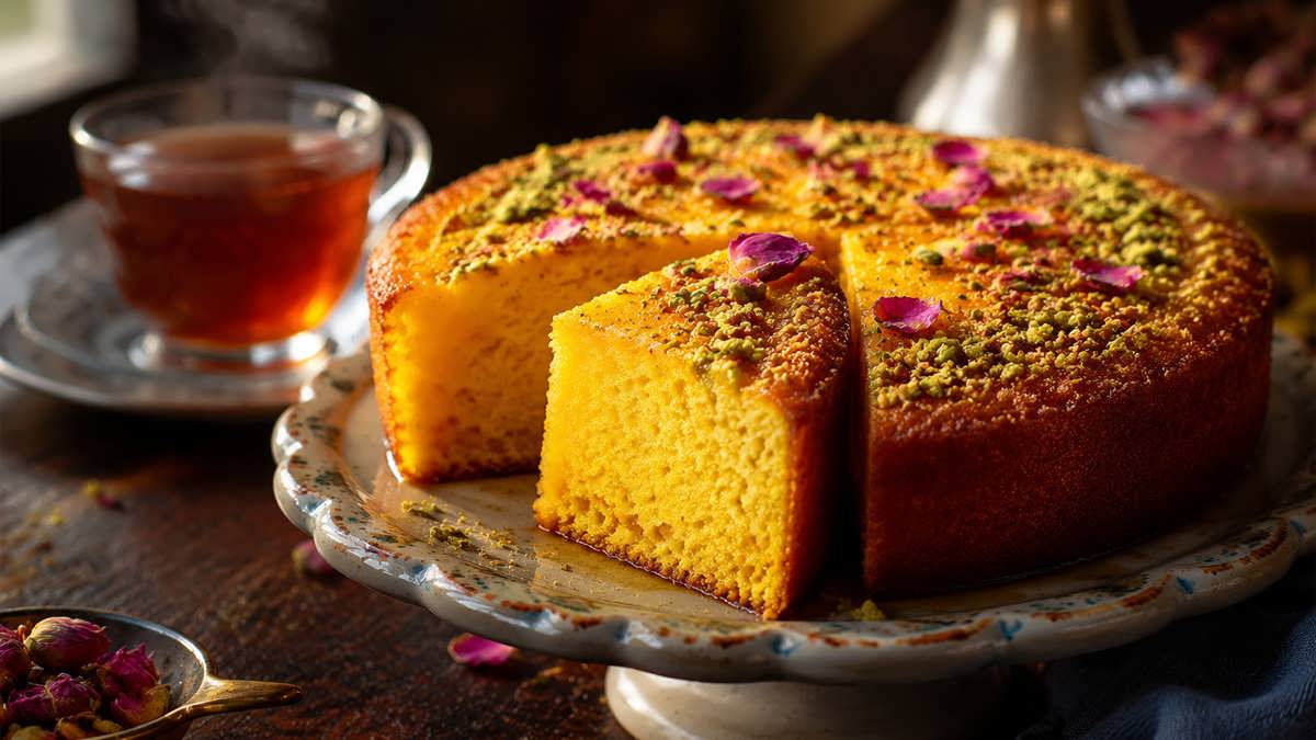 کیک اسفنجی زعفرانی و بهارنارنج کافه‌ای با بافت مخملی و تزیین خلال پسته روی پایه پذیرایی