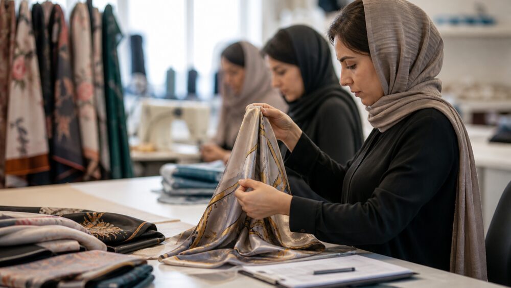 کارشناس کنترل کیفیت در کارگاه، نمونه های شال ابریشمی رنگی را پیش از تولید عمده بررسی می کند