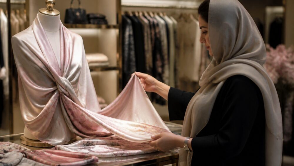 شال ابریشمی براق و خوش ریخت روی مانکن در ویترین بوتیک لوکس کنار لباس رسمی