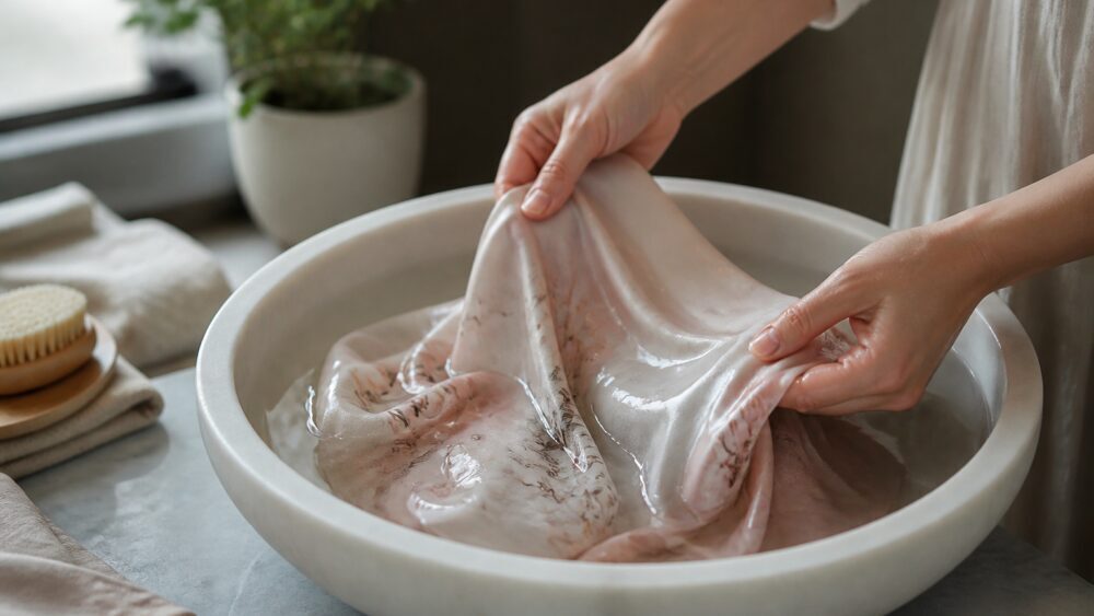 دست ها در حال شست وشوی آرام شال ابریشمی کرم رنگ در تشت آب با شوینده ملایم