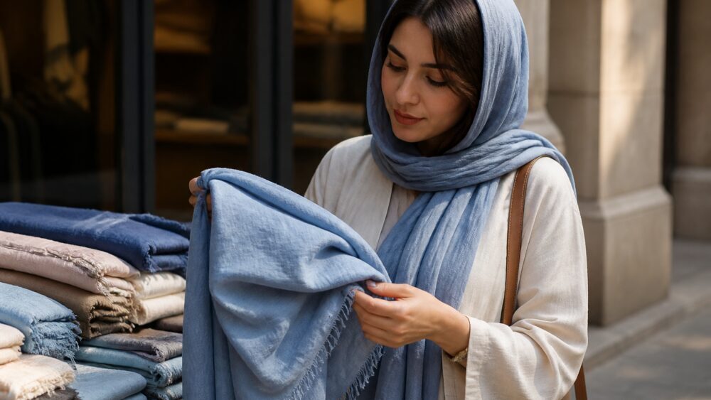 زن جوانی با شال نخی روشن در استایل کژوال، در حال قدم زدن در فضای شهری