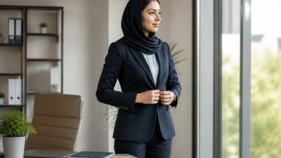 زن حرفه‌ای با کت‌وشلوار سرمه‌ای و کیف چرمی در دفتر کار مدرن با نور طبیعی