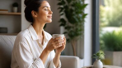 زنی کنار پنجره با فنجان چای در دست، در لحظه‌ای آرام و متمرکز